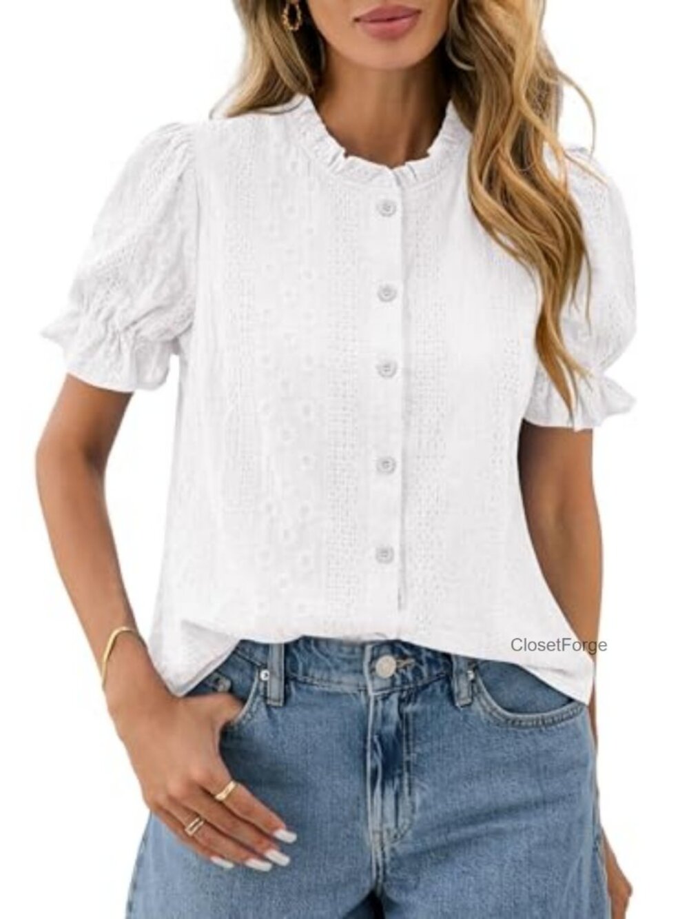 Puff Sleeve Embroidered Cotton Blouse Button Up Boho Top